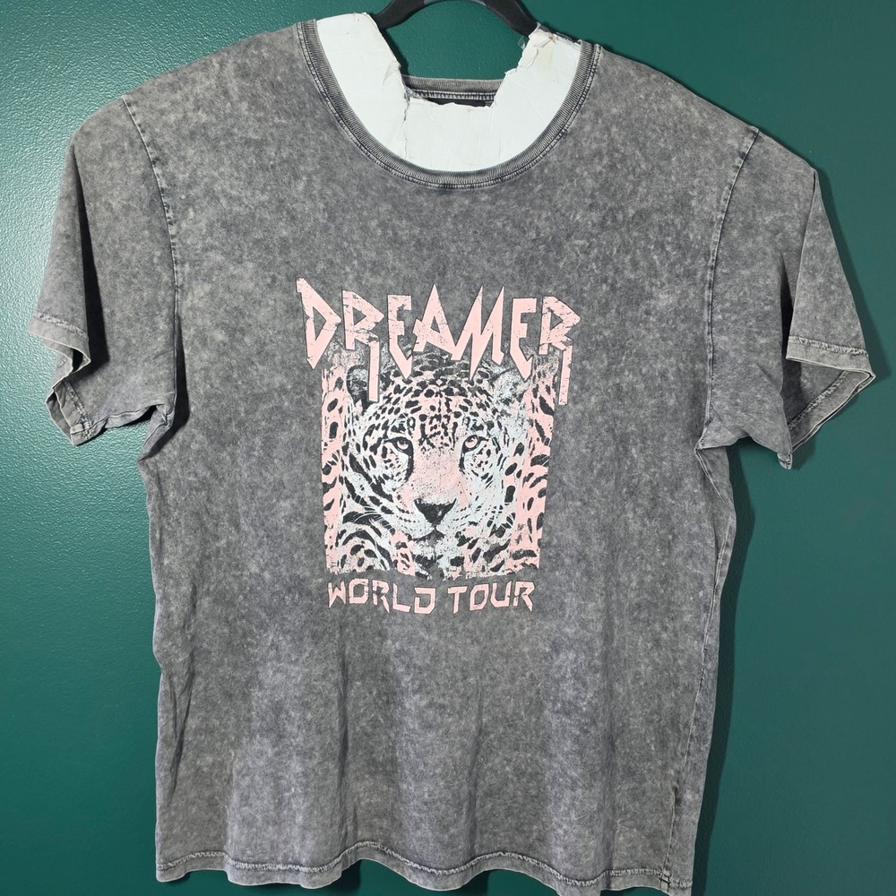 Zutter USA Dreamer World Tour Leopard Graphic Tee Acid Wash Gray Large